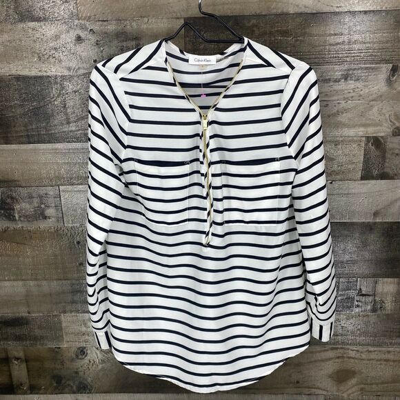Calvin Klein 1/2 Zip V-Neck Striped Blouse Size SM - Picture 1 of 6